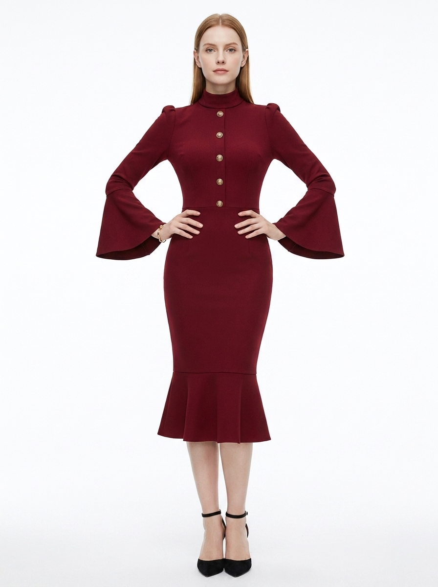 LadyLuxury | Bell Sleeve Mermaid Midi Dress - Elegant Victorian Wine Red