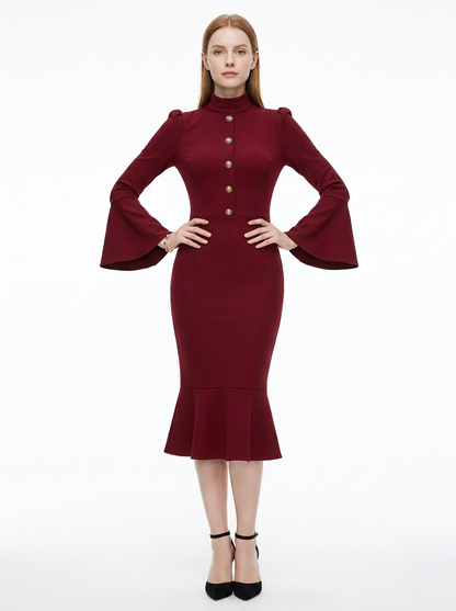 LadyLuxury | Bell Sleeve Mermaid Midi Dress - Elegant Victorian Wine Red