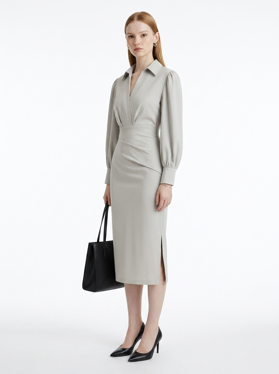 LadyLuxury | Modern Minimalist V-Neck Midi Dress - Elegant Cinched Waist Office Gown