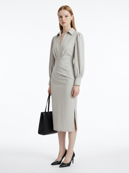 LadyLuxury | Modern Minimalist V-Neck Midi Dress - Elegant Cinched Waist Office Gown