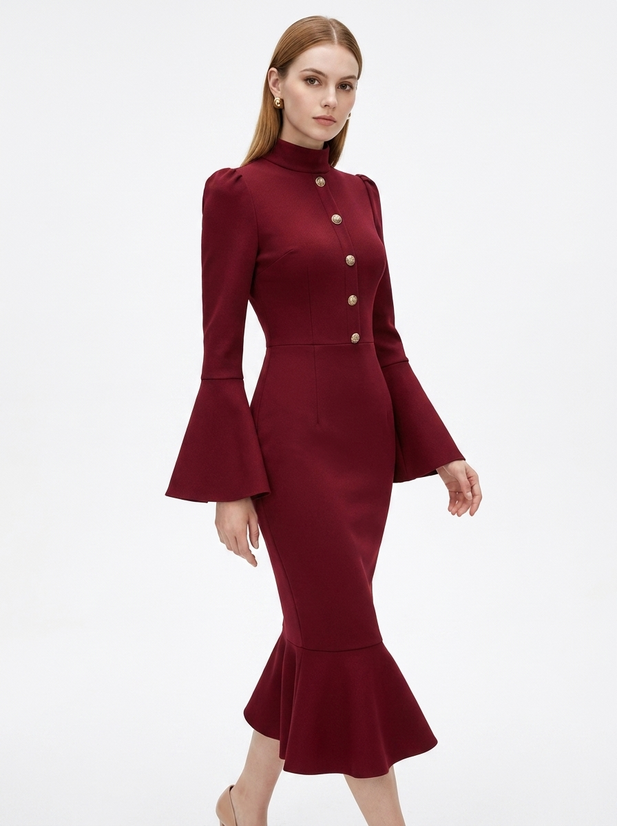 LadyLuxury | Bell Sleeve Mermaid Midi Dress - Elegant Victorian Wine Red