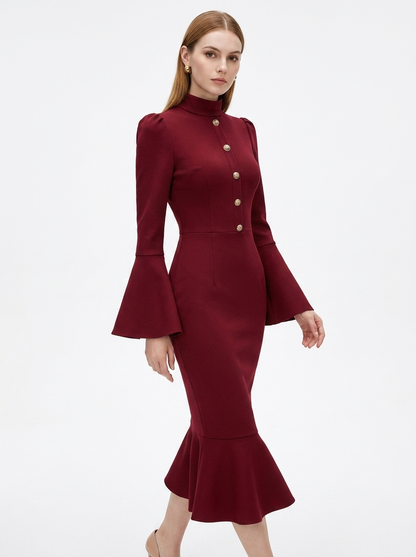 LadyLuxury | Bell Sleeve Mermaid Midi Dress - Elegant Victorian Wine Red