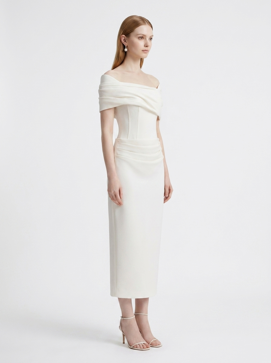 LadyLuxury | White Crepe Off-The-Shoulder Column Midi Dress