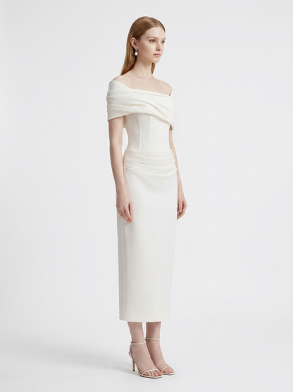LadyLuxury | White Crepe Off-The-Shoulder Column Midi Dress