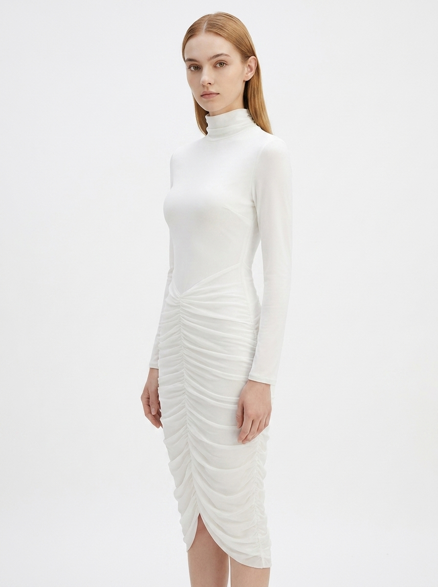LadyLuxury | Modernist Ruched Midi Dress - High Neck Sculptural White Dress