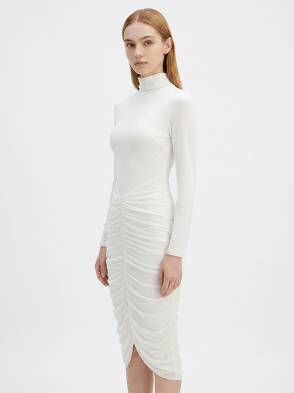 LadyLuxury | Modernist Ruched Midi Dress - High Neck Sculptural White Dress