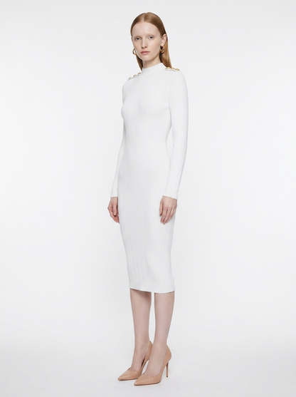 LadyLuxury | Parisian Knit Midi Dress - Elegant Ribbed Bodycon with Gold Button Detail