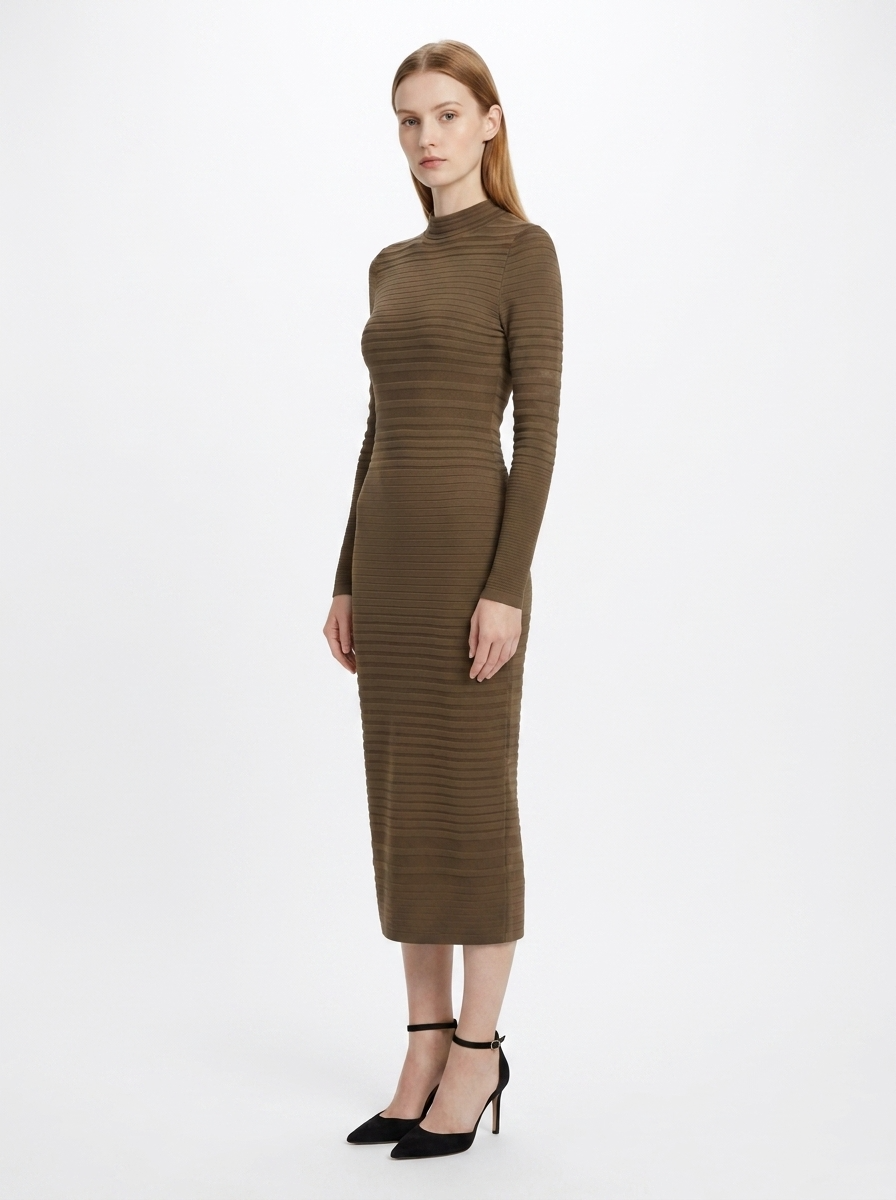 LadyLuxury | Ribbed Knit Bodycon Midi Dress - Minimalist Long Sleeve Tunic