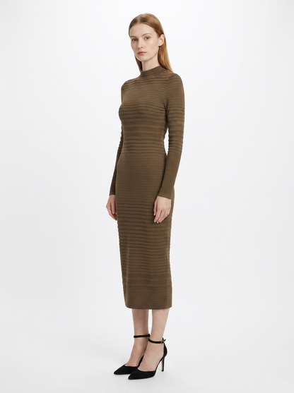 LadyLuxury | Ribbed Knit Bodycon Midi Dress - Minimalist Long Sleeve Tunic