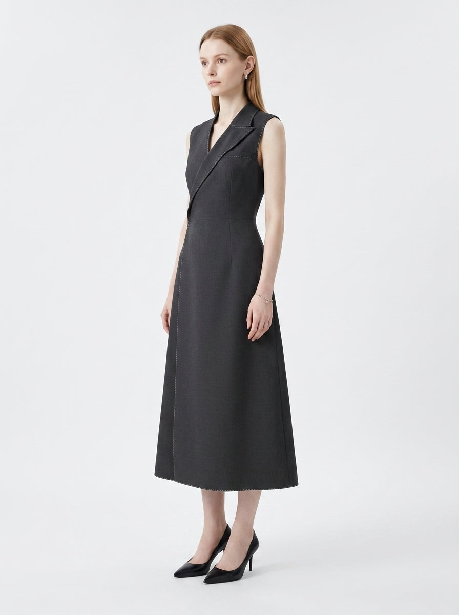 LadyLuxury | Asymmetrical Tailored Midi Dress - Structured Sleeveless A-Line Dress
