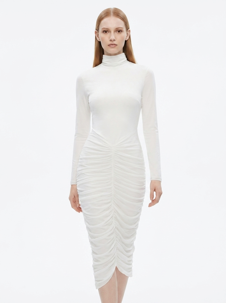 LadyLuxury | Modernist Ruched Midi Dress - High Neck Sculptural White Dress