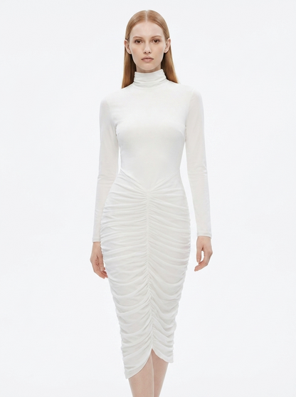 LadyLuxury | Modernist Ruched Midi Dress - High Neck Sculptural White Dress