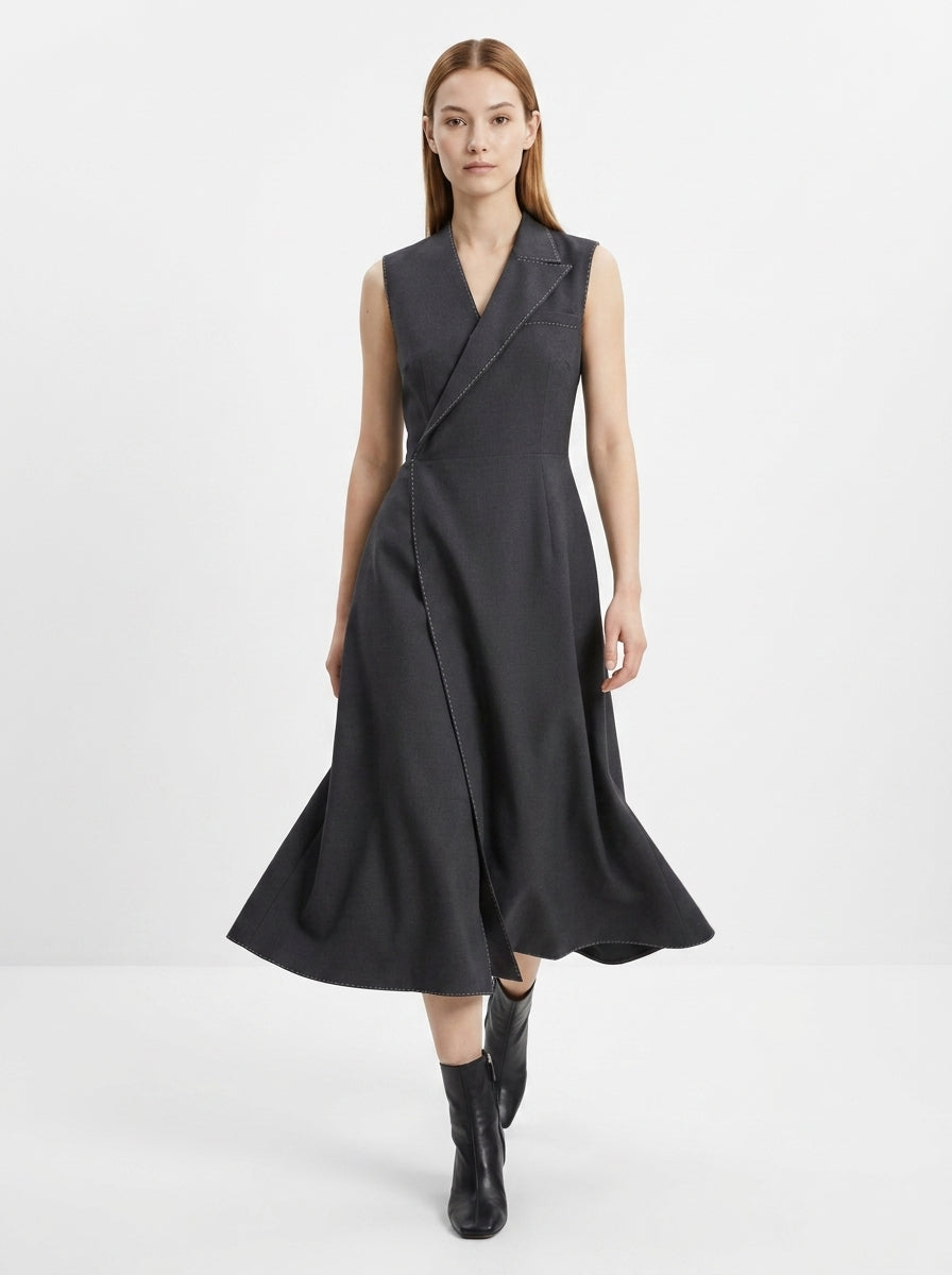 LadyLuxury | Asymmetrical Tailored Midi Dress - Structured Sleeveless A-Line Dress