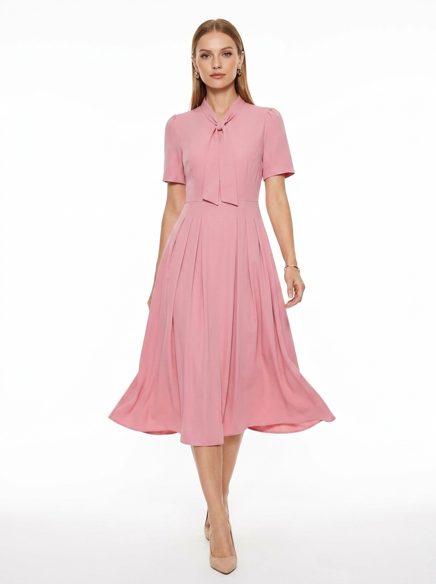 LadyLuxury | Elegant V-Neck Midi Dress with Bow Detail – Modern Romantic Summer Party A-Line Dress