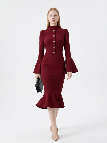LadyLuxury | Bell Sleeve Mermaid Midi Dress - Elegant Victorian Wine Red
