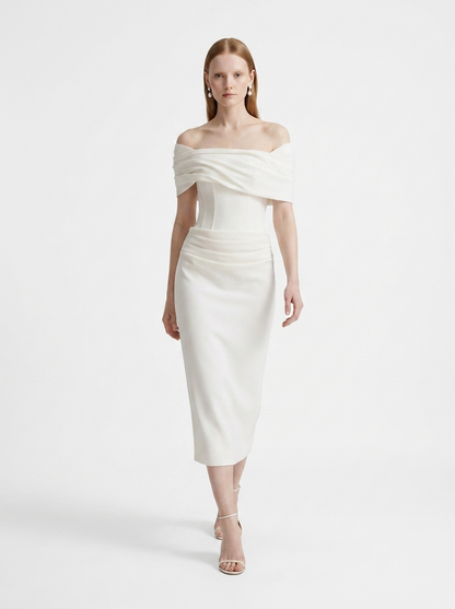 LadyLuxury | White Crepe Off-The-Shoulder Column Midi Dress