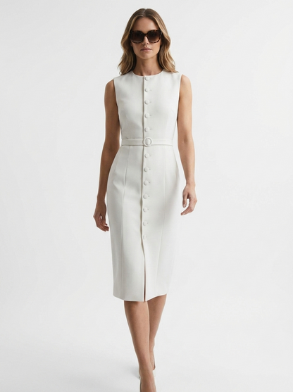 LadyLuxury | Elegant Sleeveless Belted Midi Dress - Single-Breasted Tailored Fit
