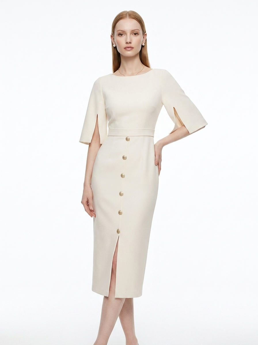 LadyLuxury | High-Waist Buttoned A-Line Midi Dress