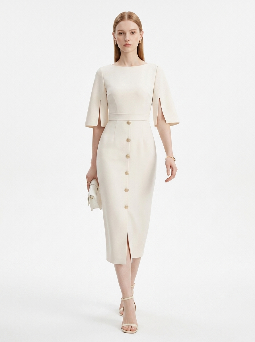 LadyLuxury | High-Waist Buttoned A-Line Midi Dress