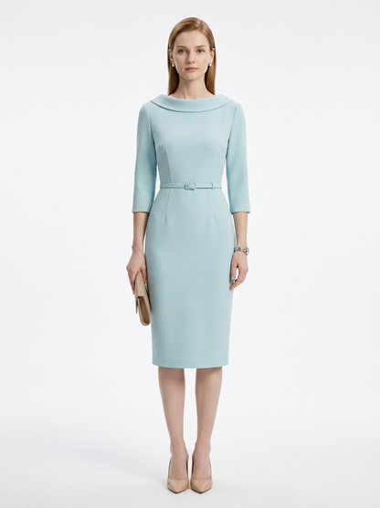 LadyLuxury | Architectural Boat Neck Midi Sheath Dress in Light Blue