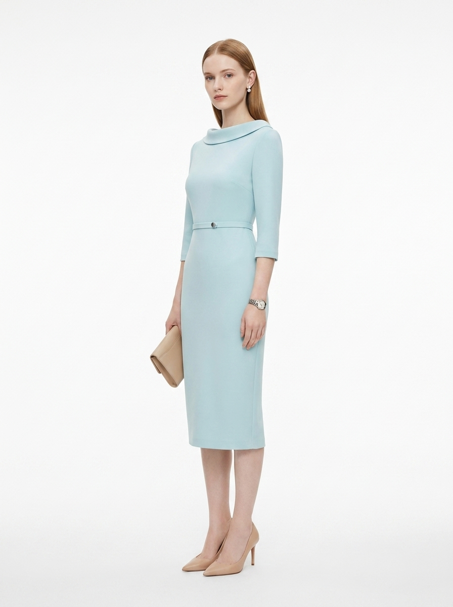 LadyLuxury | Architectural Boat Neck Midi Sheath Dress in Light Blue