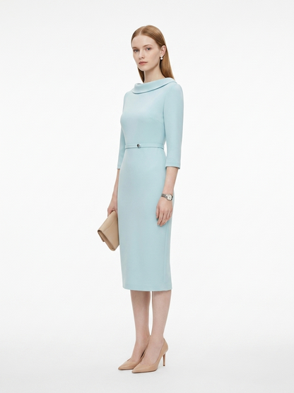 LadyLuxury | Architectural Boat Neck Midi Sheath Dress in Light Blue