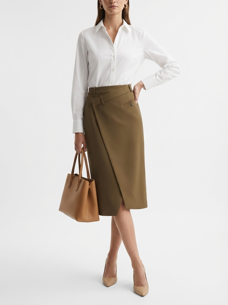 LadyLuxury | Minimalist Wrap A-Line Midi Skirt - Sophisticated Office Commuter Style