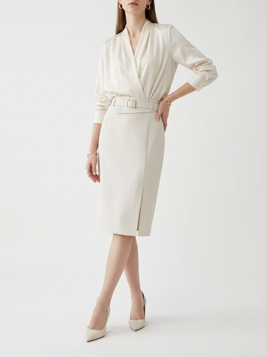LadyLuxury | Sophisticated High-Waisted Midi Skirt with Belt - Minimalist Tailored Pencil Design