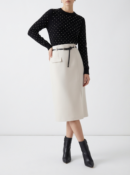LadyLuxury | High-Waisted Wool Blend Midi Skirt with Belt - Elegant A-Line Split Skirt