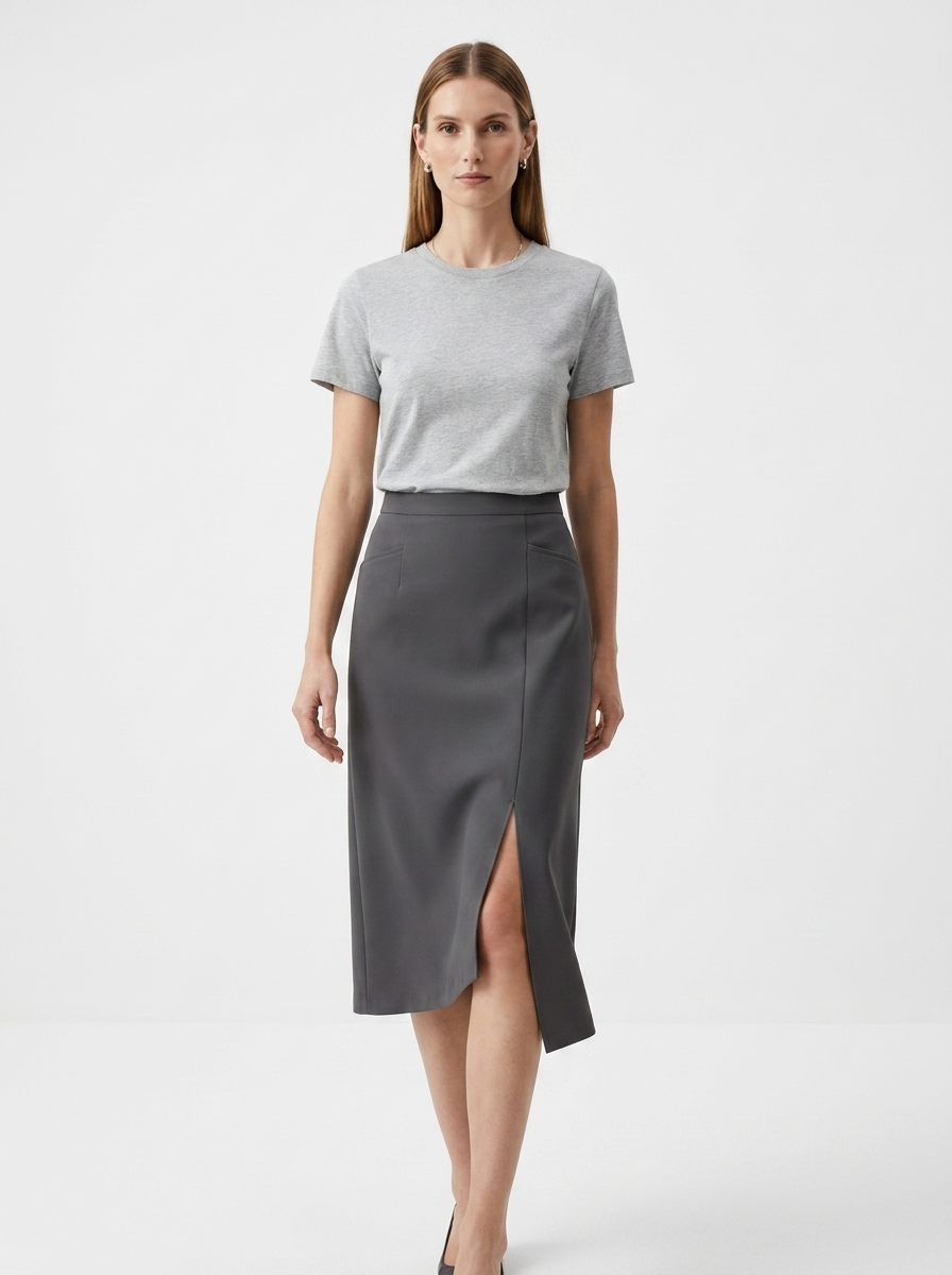 LadyLuxury | High-Waist Asymmetrical Slit Midi Skirt in Slate Grey