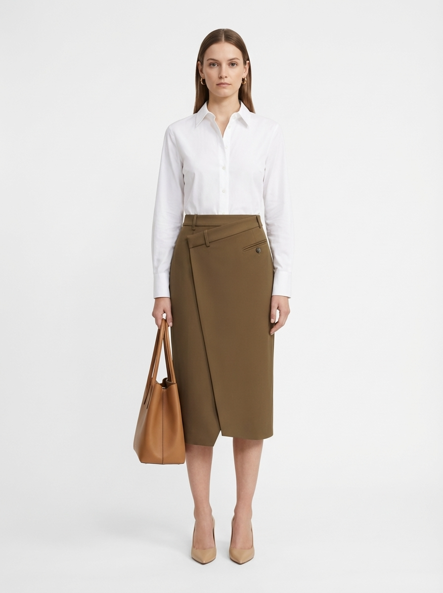 LadyLuxury | Minimalist Wrap A-Line Midi Skirt - Sophisticated Office Commuter Style