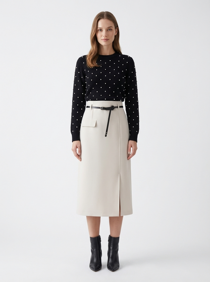 LadyLuxury | High-Waisted Wool Blend Midi Skirt with Belt - Elegant A-Line Split Skirt