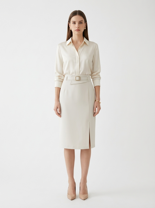 LadyLuxury | Sophisticated High-Waisted Midi Skirt with Belt - Minimalist Tailored Pencil Design