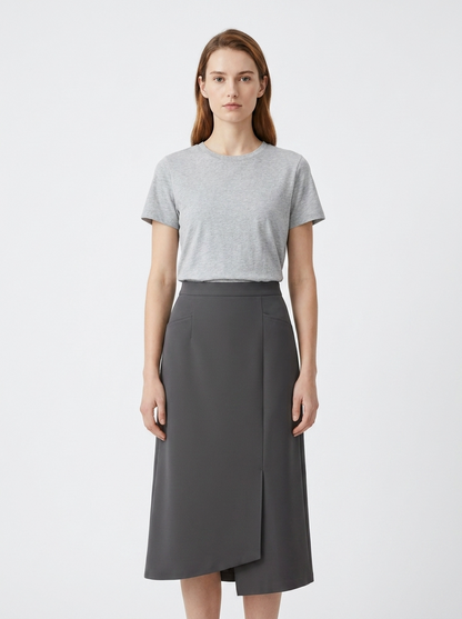 LadyLuxury | High-Waist Asymmetrical Slit Midi Skirt in Slate Grey