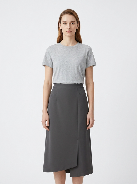 LadyLuxury | High-Waist Asymmetrical Slit Midi Skirt in Slate Grey