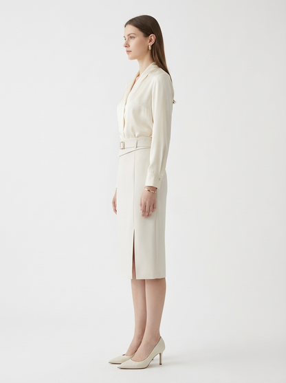 LadyLuxury | Sophisticated High-Waisted Midi Skirt with Belt - Minimalist Tailored Pencil Design