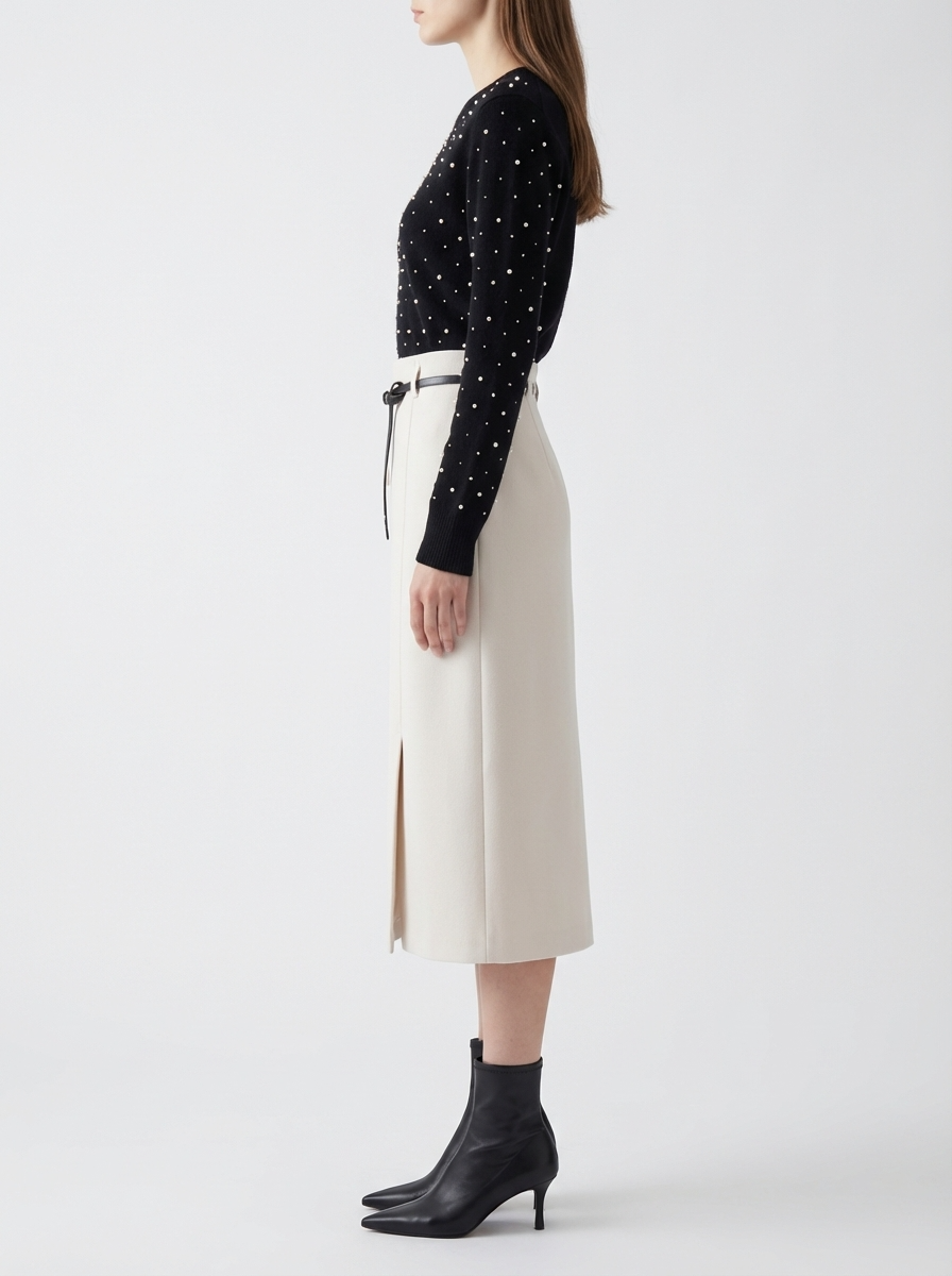 LadyLuxury | High-Waisted Wool Blend Midi Skirt with Belt - Elegant A-Line Split Skirt