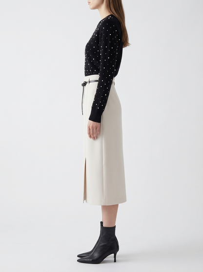 LadyLuxury | High-Waisted Wool Blend Midi Skirt with Belt - Elegant A-Line Split Skirt