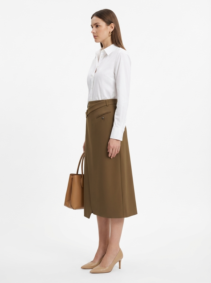 LadyLuxury | Minimalist Wrap A-Line Midi Skirt - Sophisticated Office Commuter Style