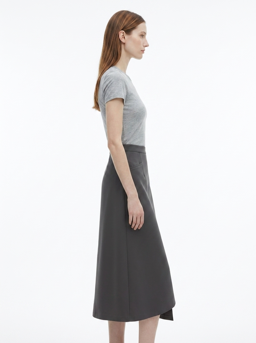 LadyLuxury | High-Waist Asymmetrical Slit Midi Skirt in Slate Grey