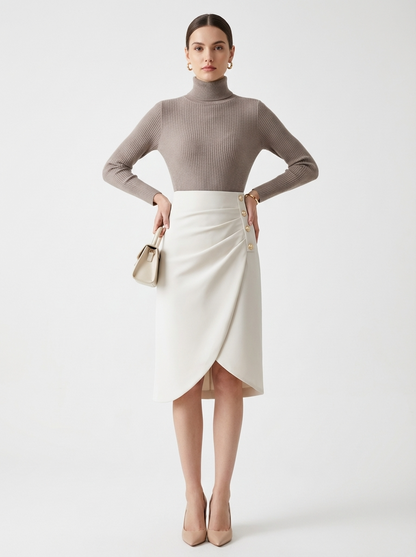LadyLuxury | Asymmetrical Draped Midi Skirt - Parisian Chic High-Waisted Wrap Skirt