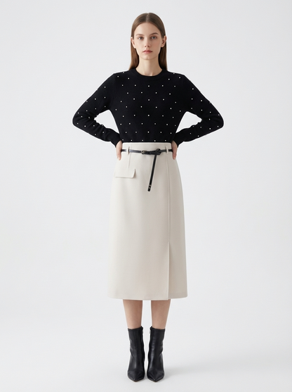 LadyLuxury | High-Waisted Wool Blend Midi Skirt with Belt - Elegant A-Line Split Skirt