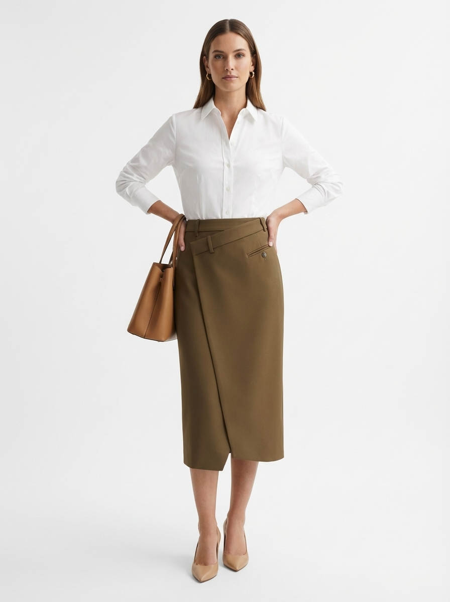 LadyLuxury | Minimalist Wrap A-Line Midi Skirt - Sophisticated Office Commuter Style