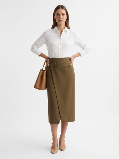 LadyLuxury | Minimalist Wrap A-Line Midi Skirt - Sophisticated Office Commuter Style