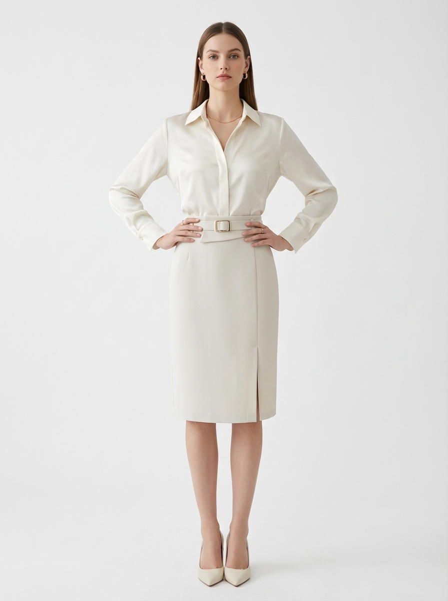 LadyLuxury | Sophisticated High-Waisted Midi Skirt with Belt - Minimalist Tailored Pencil Design
