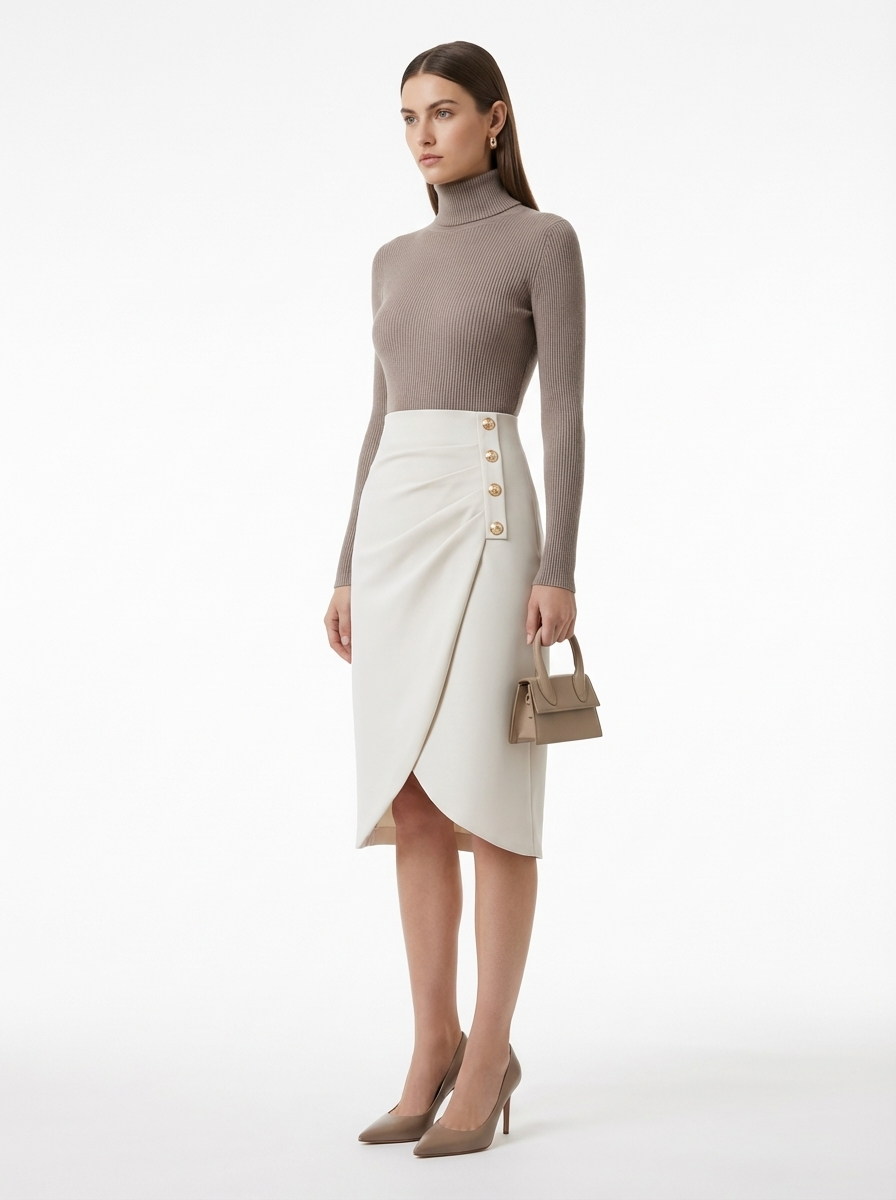 LadyLuxury | Asymmetrical Draped Midi Skirt - Parisian Chic High-Waisted Wrap Skirt