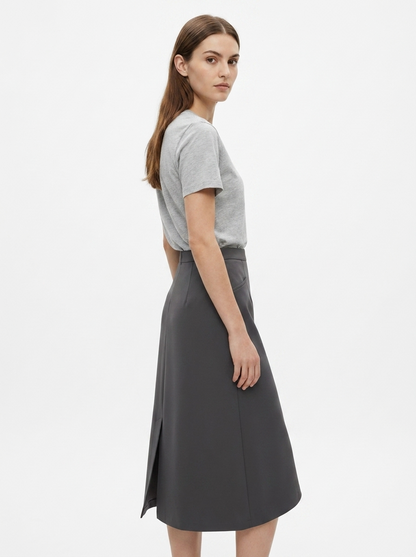 LadyLuxury | High-Waist Asymmetrical Slit Midi Skirt in Slate Grey