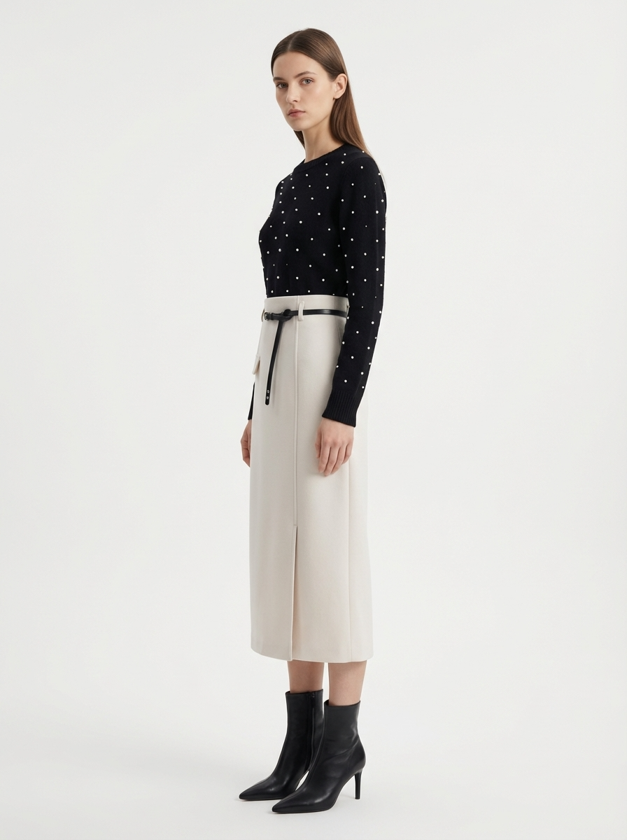 LadyLuxury | High-Waisted Wool Blend Midi Skirt with Belt - Elegant A-Line Split Skirt