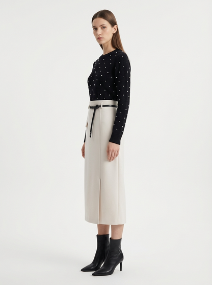 LadyLuxury | High-Waisted Wool Blend Midi Skirt with Belt - Elegant A-Line Split Skirt