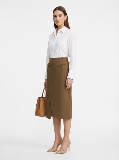 LadyLuxury | Minimalist Wrap A-Line Midi Skirt - Sophisticated Office Commuter Style